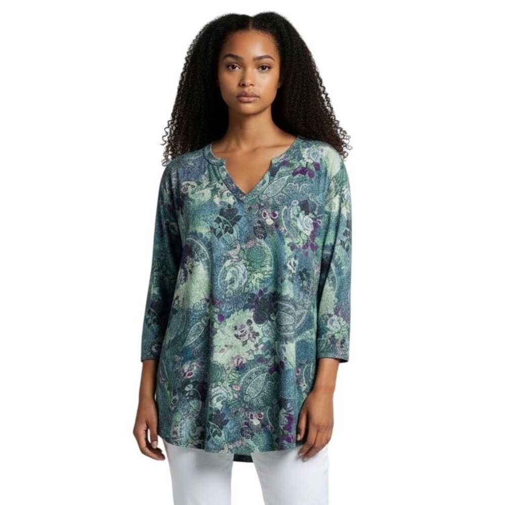 Soft Surroundings Teal Purple Paisley Floral V-Neck Tunic Top LS L Artsy Boho